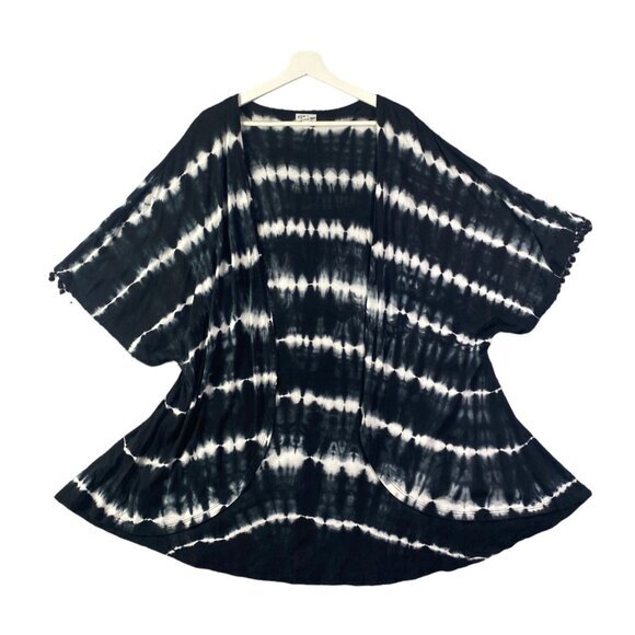 PJ SALVAGE Open Front Cocoon Kimono Womens SZ OS‎ Modal Tassel Tie Dye Black - Picture 1 of 7